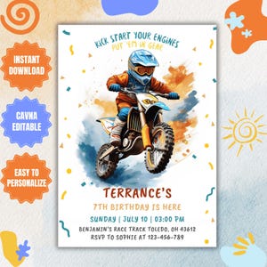 Invito di compleanno modificabile per moto da cross, modello di gara di motocross, tema festa avventura in moto da cross Evite, invito per moto, download immediato