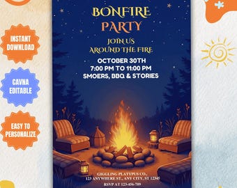Editable Bonfire Party Invitation: S'mores & Campfire (Digital Download)