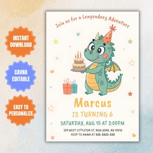 Bearbeitbare Drache-Geburtstagseinladung, Kinderdrache-Party-Einladung, Drache-Geburtstagsfeier Evite, grüner gelber Drache einladen, sofortiger Download