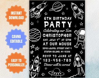 Invitación de cumpleaños espacial editable, astronauta, cohetes y planetas, digital Evite