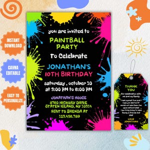 Può includere: Un invito a una festa di compleanno nero e verde neon con schizzi di vernice. L'invito è per il 10° compleanno di Jonathan e include la data, l'ora e il luogo della festa. È incluso un tag di ringraziamento con uno sfondo nero e verde neon.