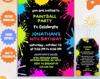 May include: A black and neon green birthday party invitation with paint splatters. The invitation is for Jonathan's 10th birthday and includes the date, time, and location of the party. A thank you tag is included with a black and neon green background.