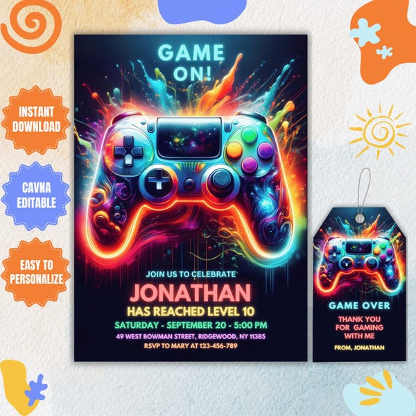 Bearbeitbare Videospiel-Geburtstagseinladung: Controller-Design (Digitaler Download)