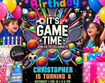 Invitación de cumpleaños deportiva editable, invitación con temática deportiva, plantilla digital para fiesta "Its Game Time", folleto de invitación deportiva All Star