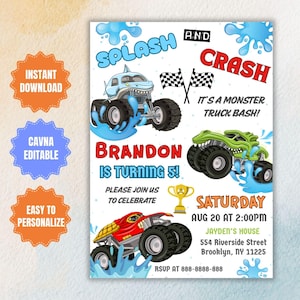 Monster Truck Birthday Invitation: Splash & Crash Party, Editable Template (Digital Download)