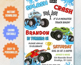 Invitación de cumpleaños de Monster Truck: Fiesta Splash & Crash, plantilla editable (descarga digital)