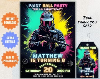 May include: A colorful invitation for a paintball party with a neon green, pink, and yellow paint splatter background. The invitation features a masked paintball player holding a paintball gun. The text on the invitation reads "Paintball Party, Take Aim and Get Ready! Matthew is turning 8, September 20, Saturday 2:00 PM, 123 Anywhere St., Any City, RSVP to Jenny at 888-8888-888". A free thank you card is included with a similar design and the text "Thank You, For Stopping By, Love. Matthew".