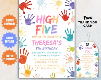 Hi-Five 5th Birthday Invitation: Colorful Handprints (Digital Invite)