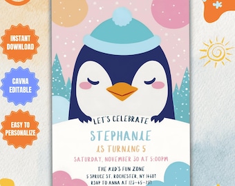 Editable Penguin Birthday Invitation: Winter Arctic Animals (Digital Download)