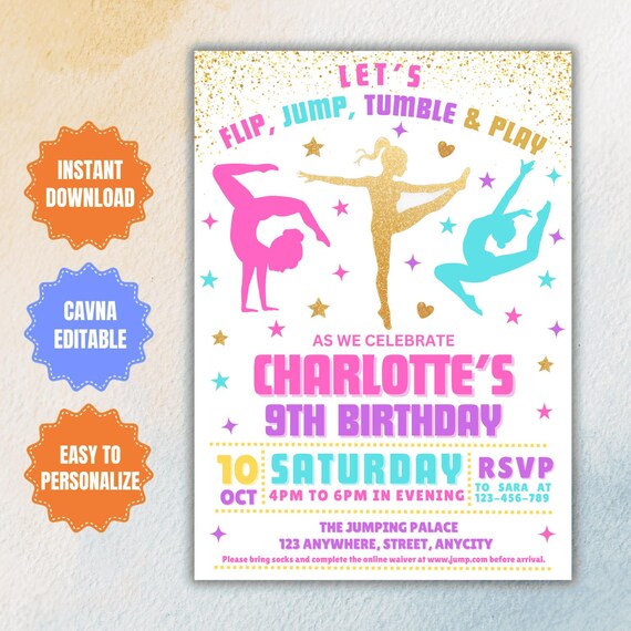 Gymnastics Birthday Invitation: Pink & Gold Tumbling Party (Digital Printable Download)