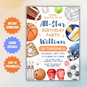 Invito per festa di compleanno sportiva modificabile Modello di tema sportivo stampabile per baseball, basket, football, invito digitale per festa sportiva All Star