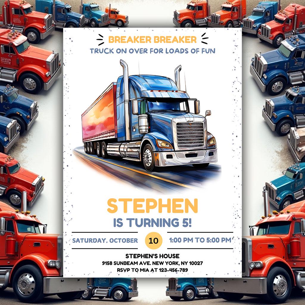 Editable Semi Blue Truck Birthday Party Invitation Template, Big Rig ...
