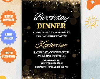 Gold & Black Birthday Dinner Invitation: Elegant Black Tie Evite (Digital)