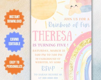 Può includere: Un invito colorato per una festa di compleanno con un arcobaleno, un sole e una stella. Il testo recita "Unisciti a noi per un arcobaleno di divertimento Theresa compie cinque anni! Sabato 23 marzo, dalle 17:00 alle 19:00, 70 Fairground St, Webster, NY 14580, RSVP a Sarah entro le 22:00 al 888-8888-888".