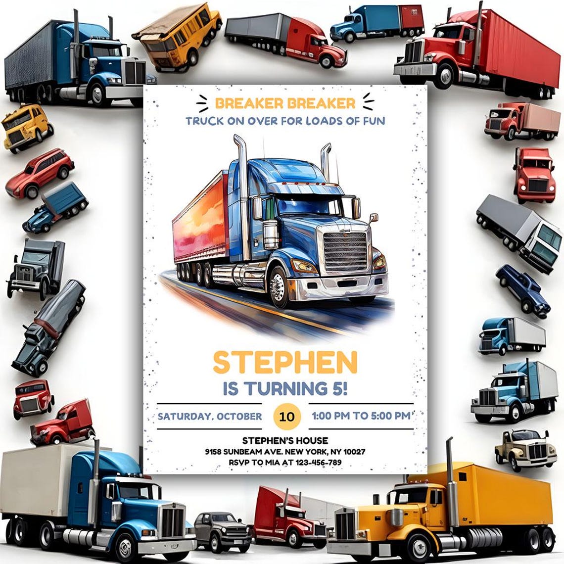 Editable Semi Blue Truck Birthday Party Invitation Template, Big Rig ...