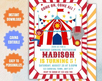 Editable Carnival Birthday Invitation: Circus Party Theme (Digital Invite)