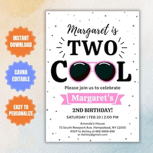 Editable Two Cool Birthday Party Invitation, Boys Second Birthday Party Invite, Two Cool Sunglasses Digital Card, One cool dude Party Evite