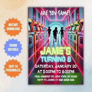 Convite de aniversário de fliperama editável, convite para festa de fliperama de vídeo, convite para arena de jogos neon, lounge de jogos divertido, modelo digital de jogo de fliperama