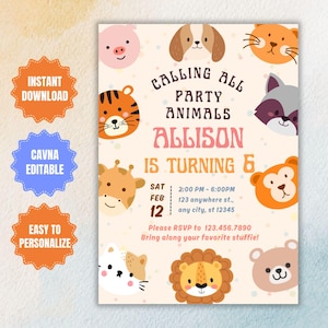 Editable Cute Party Animals Invitation Template, Kids Birthday Invitation, Jungle Party Invite, Animal Birthday Invite, Kids Zoo Party Evite