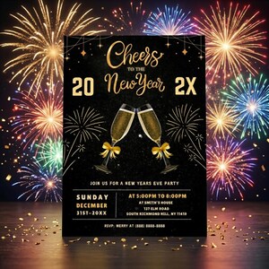 Black & Gold New Year’s Eve Invitation, Glamorous Midnight Countdown Party Template, Editable Digital Invite, Printable Celebration Evite