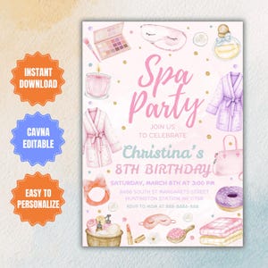 Editable Spa Party Birthday Invitation, Pamper Party Birthday Invite, Girls Spa Day, Glam Party, Any Age Birthday Invite, Instant Download