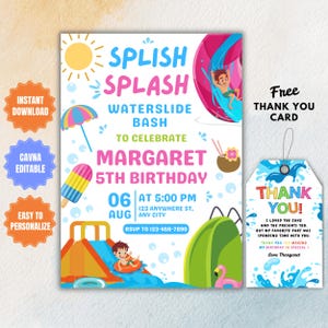 Editable Waterslide Birthday Invitation, Boy or Girl Splash Party Invite, Digital Pool Party Invite, Waterslide Party invite, Splash Invite