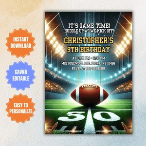 EDITABLE Football Invitation, Football Birthday Party Invitation Printable, Football It&#39;s Game Time Invitation, Sports Party Digital Invite
