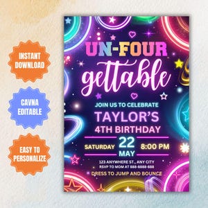 Invitación neón para 4.º cumpleaños: Plantilla para una fiesta inolvidable (descarga digital)