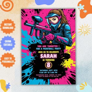 Può includere: Un invito vivace per una festa di paintball, con un'illustrazione stilizzata di una persona con equipaggiamento protettivo che tiene una pistola paintball. Il design include il testo "YOU ARE TARGETED!" e i dettagli per la festa di compleanno di Sarah, 8 anni.