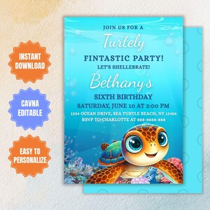 Könnte beinhalten: Eine blaue und grüne Geburtstagseinladung mit einer Comic-Schildkröte auf einem Korallenriff. Die Einladung lautet "Join us for a Turtely Fintastic Party! Let's Shelllebrate! Bethany's Sixth Birthday Saturday, June 10 at 2:00 PM 1234 Ocean Drive, Sea Turtle Beach, NY 12456 RSVP to Charlotte at 888-8888-888"