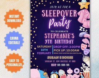 Retro Neon Sleepover Birthday Invitation: Editable Slumber Party Invite (Digital Download)