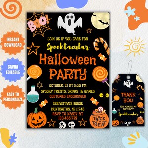 Editable Pumpkin Carving Party Invitation, Editable Halloween Party Template, Cute Pumpkin Scary Printable Party Invite, Free Thank you Card
