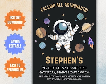 Invitación de cumpleaños espacial editable: Galaxia, astronauta y cohete (descarga digital)