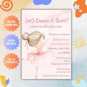 以下が含まれることがあります： 「Let's Dance & Twirl!」と「バレリーナの2歳の誕生日！」のテキストが入ったピンク色の招待状。バレリーナの水彩イラストが特徴です。住所、時間、RSVP情報が含まれています。装飾要素には星と太陽が含まれています。