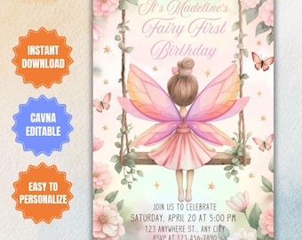 Fairy First Birthday Invitation Template: Magical Floral Invite (Digital Download)