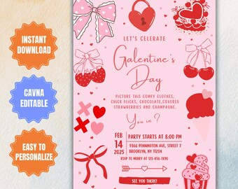 Editable Galentines Day Invitation Template Pink and Red Girls Brunch Invite Red Cherry Casual Galentines Party Valentine's Day Invitation