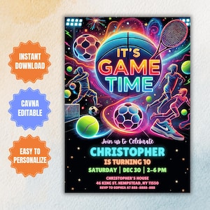 Convite esportivo editável, convites esportivos neon, folheto esportivo, convite temático esportivo, modelo de convite esportivo ALL STAR Glow para download instantâneo
