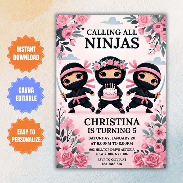 Invitación de cumpleaños ninja editable: Fiesta de karate para chicas (descarga digital)