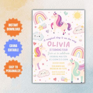 Editable Unicorn Birthday Invitation Magical Pastel Rainbow Unicorn Birthday Party Whimsical Fairytale Unicorn Kids Party Instant Download