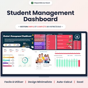 May include: A digital student management dashboard displayed on a screen, featuring data visualizations, student lists, school stage categories, and attendance metrics. The interface includes charts, progress bars, and a photo of students, with text labels in English throughout the layout.
