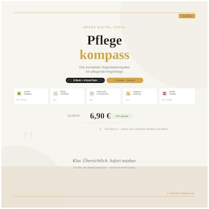 Puede incluir: Un paquete de productos digitales titulado "Pflege kompass" con el texto "KESSG DIGITAL TOOLS" en la parte superior. El diseño presenta un fondo crema con texto negro y dorado, e incluye iconos para un libro electrónico, una lista de verificación, documentos y más.
