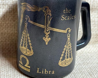 Vintage Federal Black Glass Libra Mug/Milk Glass-Black and Gold Libra/Zodiac/Coffee/Drinking
