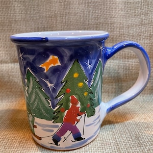 Vintage Rare Starbucks Pottery Winter Holiday Mug/Hand Painted Starbucks Large Mug/90&#39;s Starbucks Holiday Mug/Skier with Tree Mug/Winter Mug