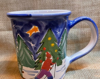 Vintage Rare Starbucks Pottery Winter Holiday Mug/Hand Painted Starbucks Large Mug/90&#39;s Starbucks Holiday Mug/Skier with Tree Mug/Winter Mug