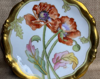 Vintage Elite Works Limoges Handgemalte Orange Mohnblumen, signierte Limoges, Goldbeschnitten, Blumenmohn, Dekorativ