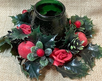 Vintage MCM Flocked Roses and Apples Candle Ring with Green Votive/Christmas Decor/Candle Ring Holder/Table Decor/60s Christmas Decoration