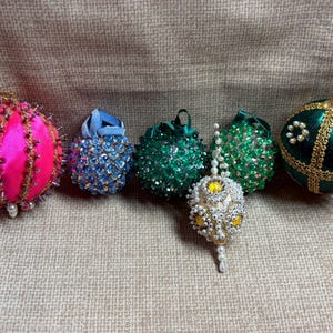 Vintage Satin Beaded Christmas Ornaments/Bead Sequin Ornaments/70s Hand Made Christmas Beaded Ornaments/Tree Decor/Holiday Decorations