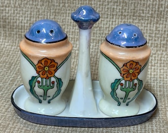 Vintage Lusterware Salz und Pfefferstreuer mit Behälter/Florale Lusterware/Chikaramachi/Tischdekoration/Servieren/Blau und Gold Lusterware/Art Deco