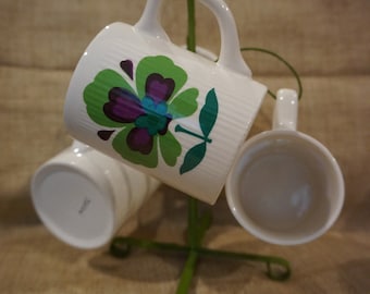Vintage Coffee Tree with 4 Matching Mugs Japan Green Flower Coffee Mugs with Green Metal Coffee Rack  Kitschy Kitchen Coffee Mugs and Hanger
