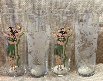 Vintage MCM Libbey Hula Girl Dancer Tall Tom Collins Tumbler Glasses/Etched Hibiscus Libbey Glasses/Hawaiian Glasses Set of 4/Tiki Bar Glass